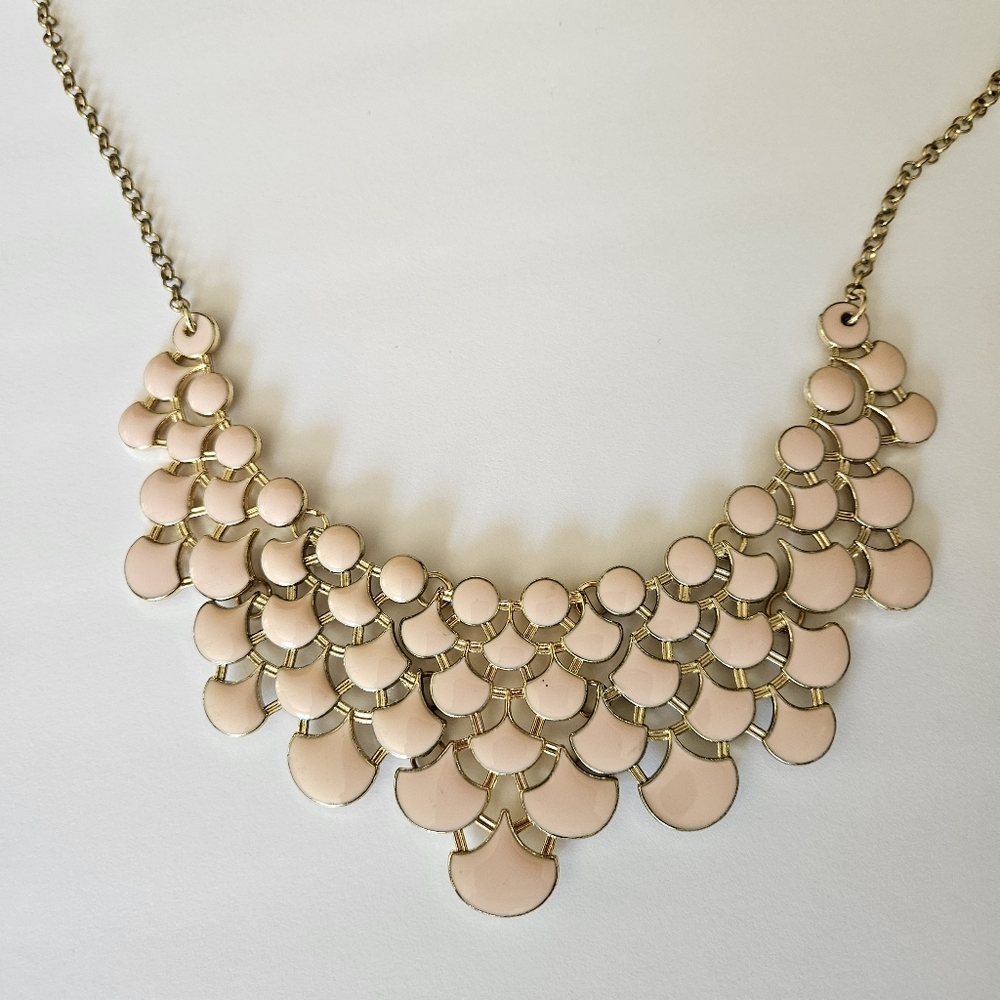 Petal Pink Enamel Bib Collar Necklace Gold Tone